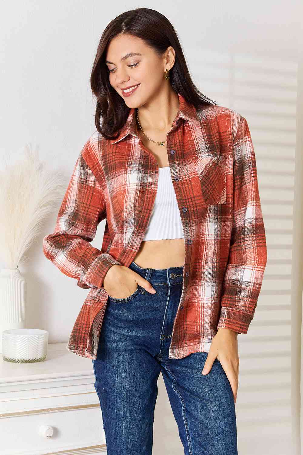 Plaid Collared Neck Long Sleeve ShirtShirtDouble Take