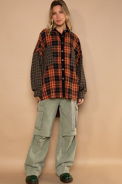 Plaid Contrast Long Sleeve Raw Hem Cotton Shacket in Orange MultiShacketPOL