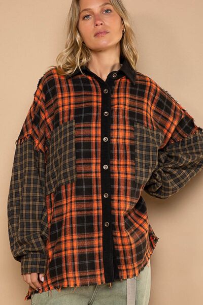 Plaid Contrast Long Sleeve Raw Hem Cotton Shacket in Orange MultiShacketPOL