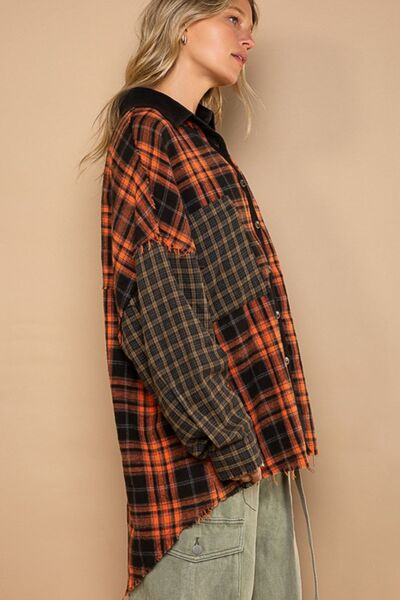 Plaid Contrast Long Sleeve Raw Hem Cotton Shacket in Orange MultiShacketPOL