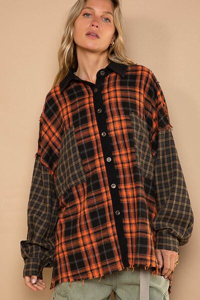 Plaid Contrast Long Sleeve Raw Hem Cotton Shacket in Orange MultiShacketPOL