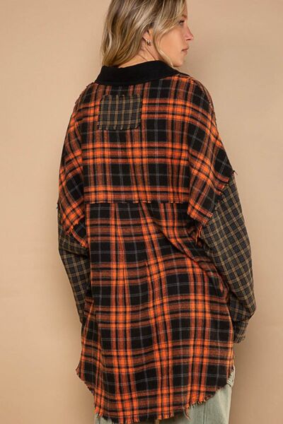 Plaid Contrast Long Sleeve Raw Hem Cotton Shacket in Orange MultiShacketPOL