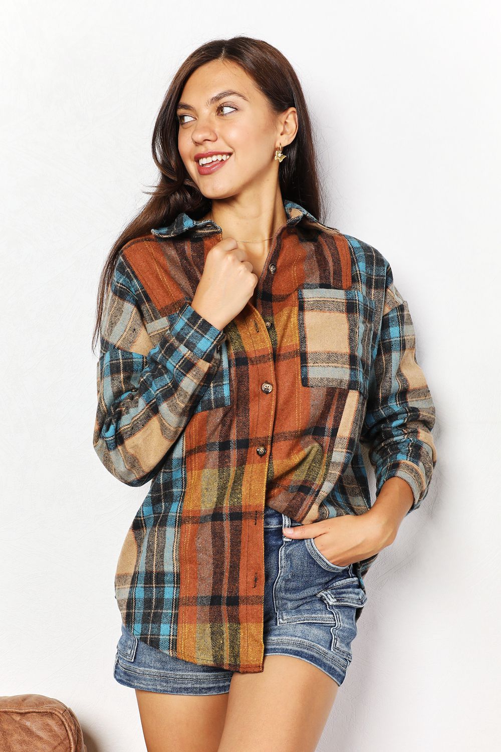 Plaid Curved Hem Shirt JacketShacketDouble Take