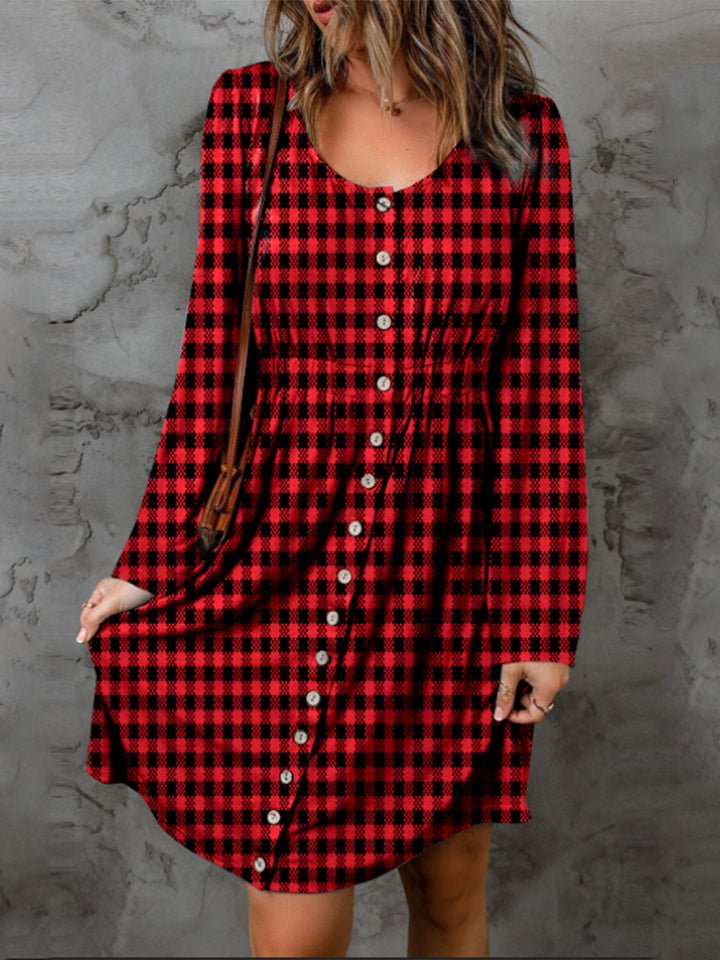 Plaid Long Sleeve Button Front Knee-Length Dress in Deep RedKnee-Length DressDouble Take