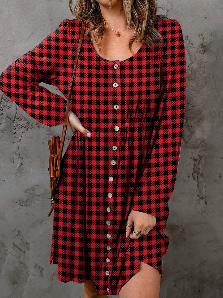 Plaid Long Sleeve Button Front Knee-Length Dress in Deep RedKnee-Length DressDouble Take