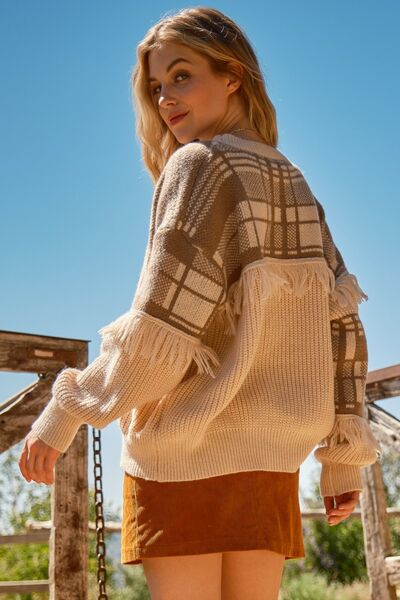 Plaid Pattern Color Block Fringe Sweater in SandSweaterAnd the Why