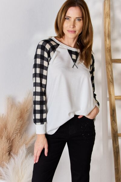 Plaid Raglan Sleeve Crew Neck Blouse in GreyBlouseHailey & Co
