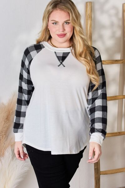 Plaid Raglan Sleeve Crew Neck Blouse in GreyBlouseHailey & Co