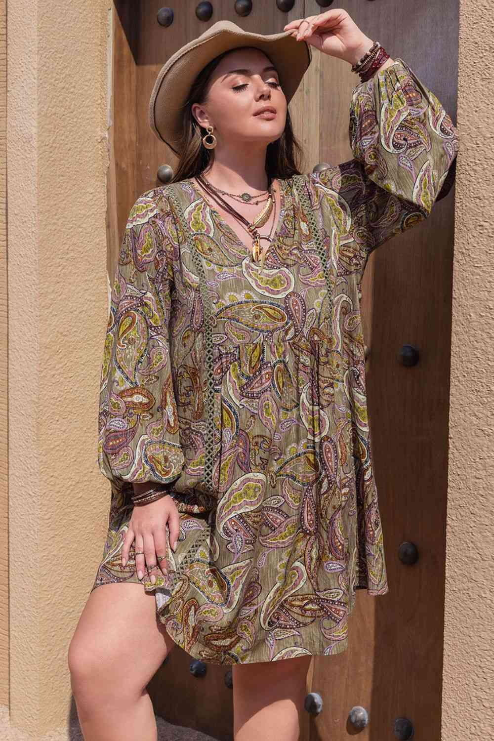 Plus Size Boho Print V-Neck Long Sleeve Mini Dress in CamelMini DressBeach Rose Co.