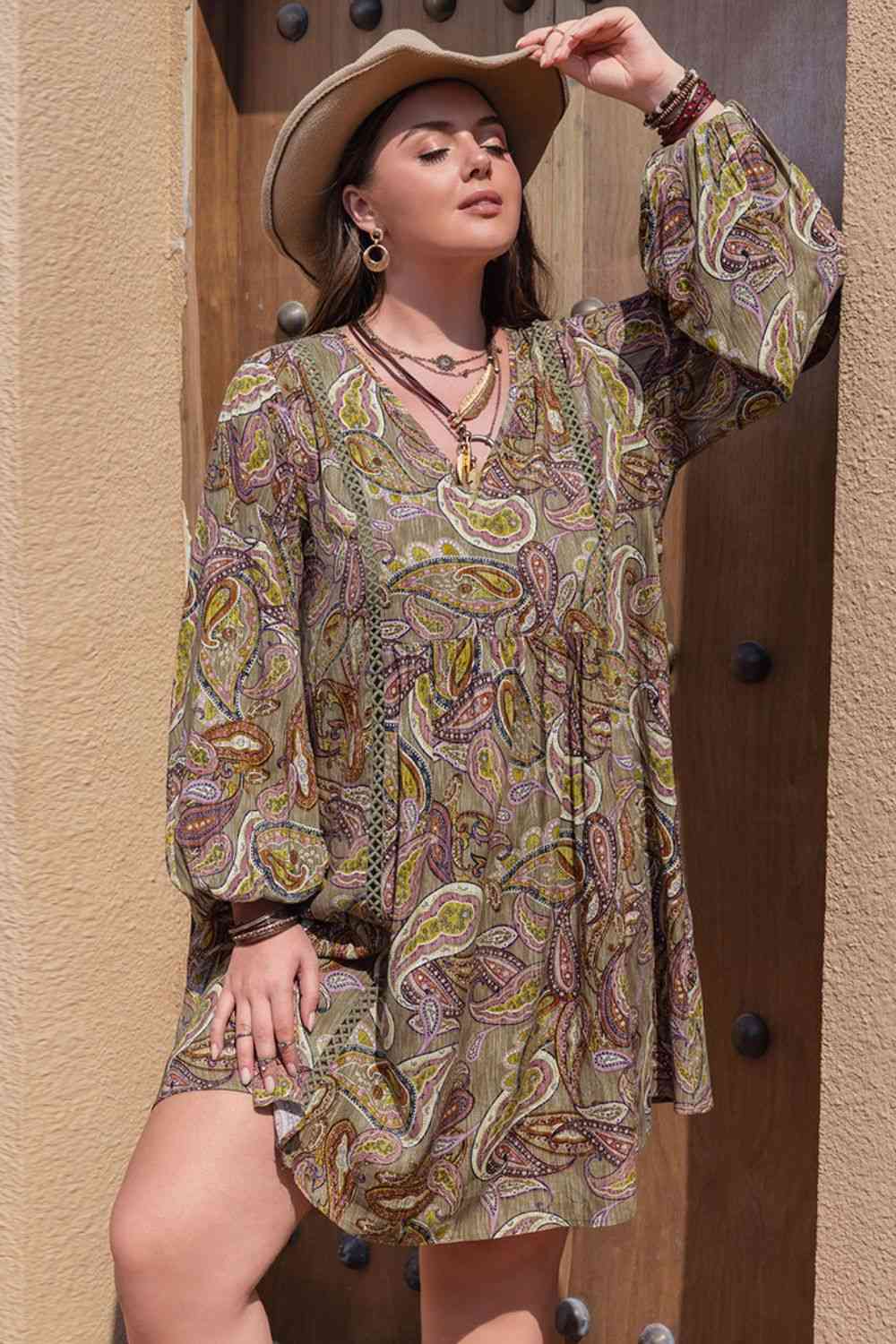 Plus Size Boho Print V-Neck Long Sleeve Mini Dress in CamelMini DressBeach Rose Co.