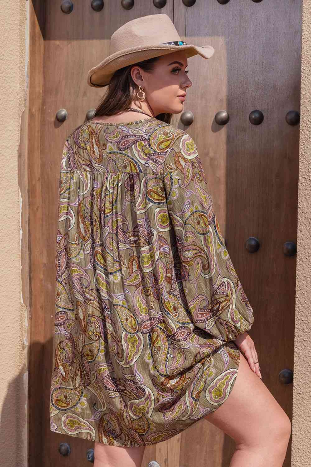 Plus Size Boho Print V-Neck Long Sleeve Mini Dress in CamelMini DressBeach Rose Co.