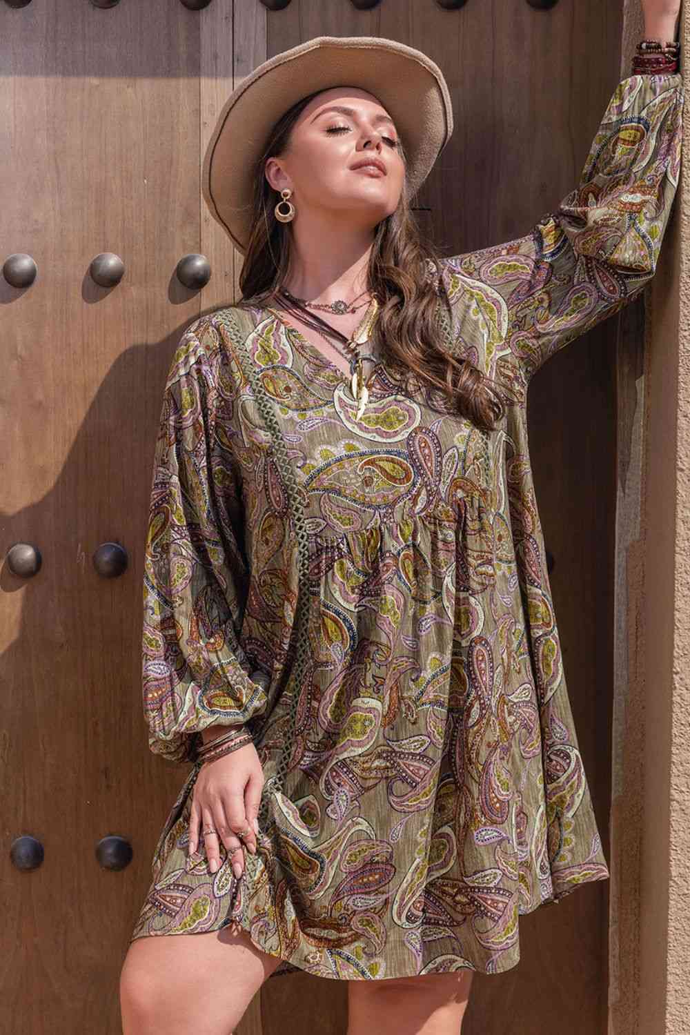 Plus Size Boho Print V-Neck Long Sleeve Mini Dress in CamelMini DressBeach Rose Co.