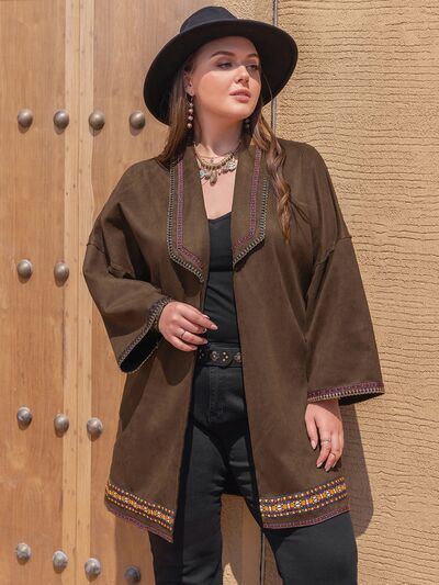 Plus Size Embroidered Open Front Dropped Shoulder Jacket in ChestnutJacketBeach Rose Co.
