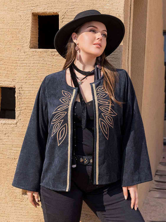 Plus Size Embroidered Open Front Jacket in Dark NavyJacketBeach Rose Co.