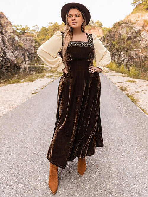 Plus Size Embroidered Square Neck Velvet Maxi Dress in ChocolateMaxi DressBeach Rose Co.