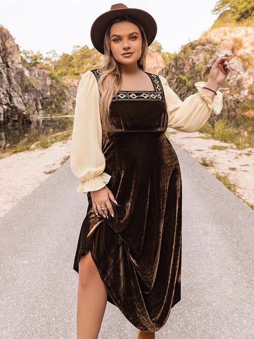 Plus Size Embroidered Square Neck Velvet Maxi Dress in ChocolateMaxi DressBeach Rose Co.