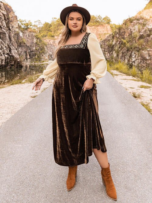 Plus Size Embroidered Square Neck Velvet Maxi Dress in ChocolateMaxi DressBeach Rose Co.