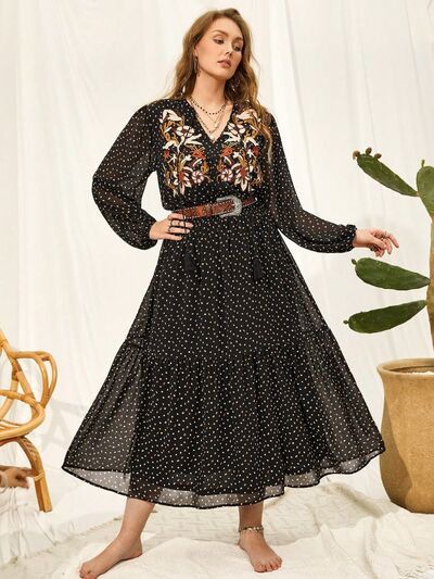 Plus Size Embroidered Tassel Balloon Sleeve Maxi Dress in BlackMaxi SkirtBeach Rose Co.