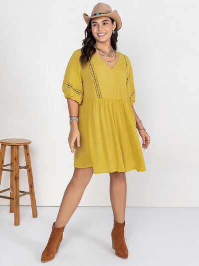 Plus Size Eyelet Swiss Dot Half Sleeve Mini Dress in True YellowMini DressBeach Rose Co.