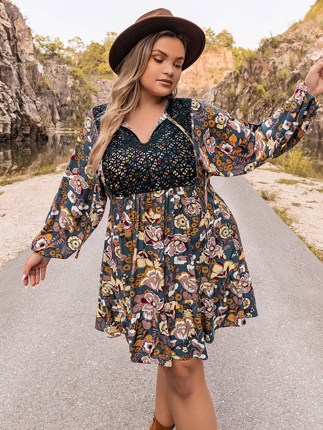 Plus Size Floral Balloon Sleeve Mini Dress in TerracottaMini DressBeach Rose Co.