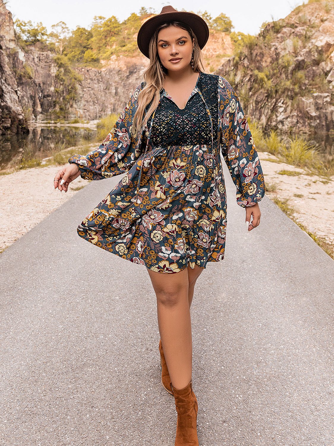 Plus Size Floral Balloon Sleeve Mini Dress in TerracottaMini DressBeach Rose Co.