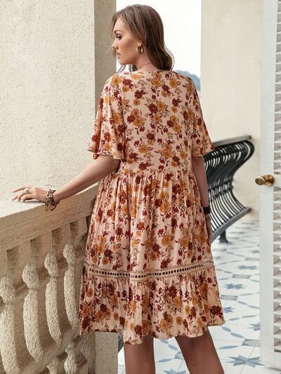 Plus Size Floral Crochet Flutter Sleeve Knee-Length Dress in SandKnee-Length DressBeach Rose Co.