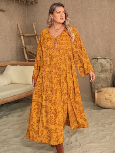 Plus Size Floral Print Side Slit Long Sleeve Maxi Dress in TangerineMaxi DressBeach Rose Co.
