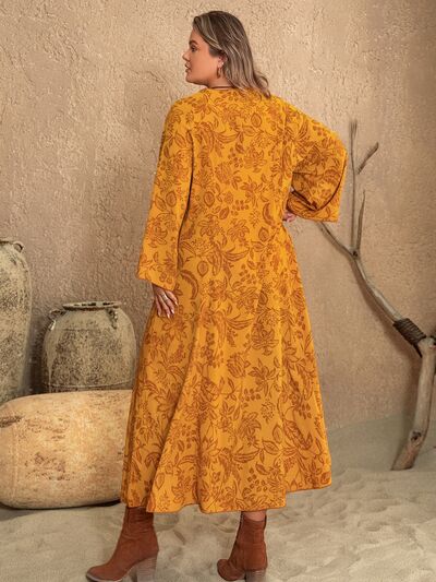 Plus Size Floral Print Side Slit Long Sleeve Maxi Dress in TangerineMaxi DressBeach Rose Co.