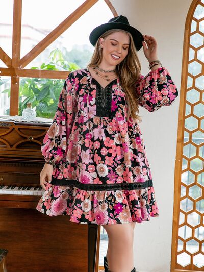 Plus Size Floral Print Tie Neck Ruffle Hem Mini DressMini DressBeach Rose Co.