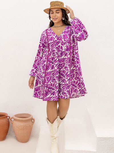 Plus Size Floral Print V-Neck Balloon Sleeve Mini DressMini DressBeach Rose Co.