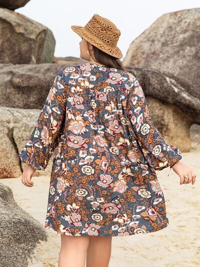 Plus Size Floral Print V-Neck Balloon Sleeve Mini DressMini DressBeach Rose Co.