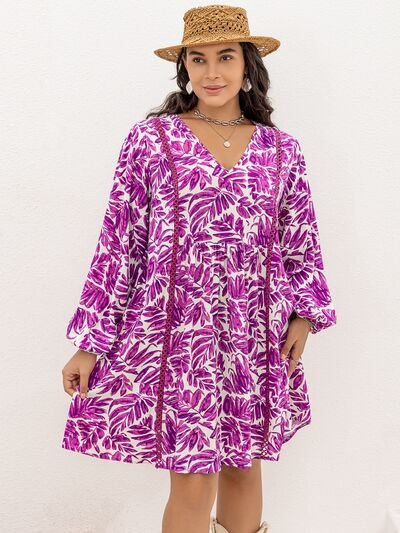 Plus Size Floral Print V-Neck Balloon Sleeve Mini DressMini DressBeach Rose Co.