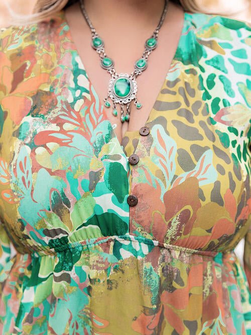 Plus Size Floral V-Neck Long Sleeve Midi Dress in GreenMidi DressBeach Rose Co.