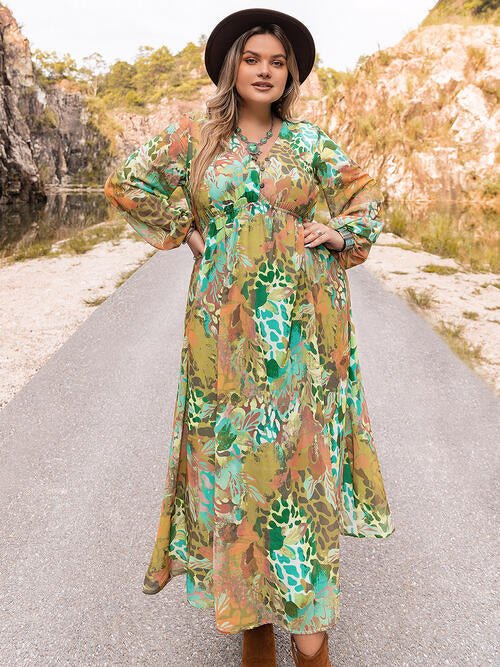 Plus Size Floral V-Neck Long Sleeve Midi Dress in GreenMidi DressBeach Rose Co.