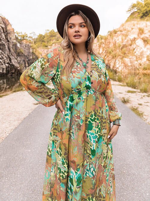 Plus Size Floral V-Neck Long Sleeve Midi Dress in GreenMidi DressBeach Rose Co.