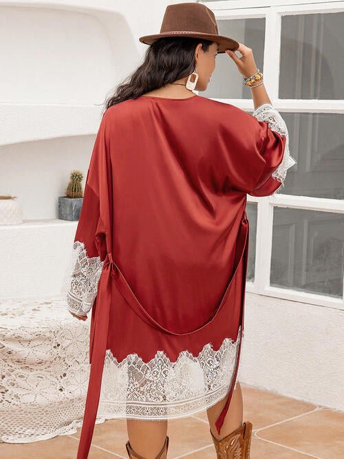 Plus Size Lace Patchwork Tie Front Robe in Brick RedRobeBeach Rose Co.