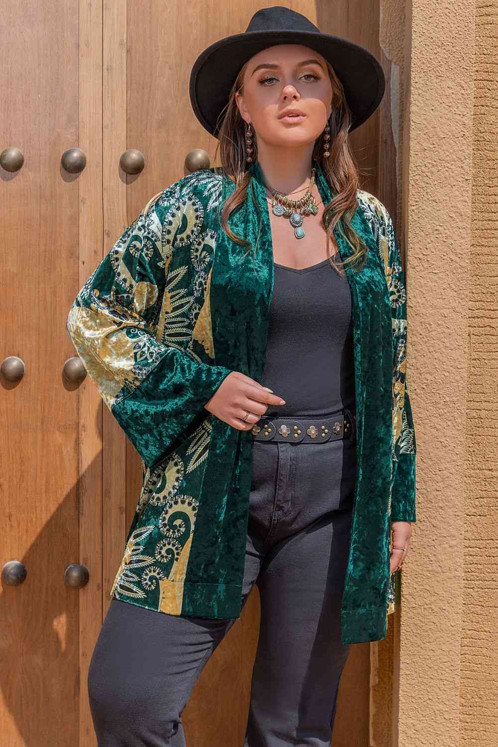 Plus Size Open Front Bohemian Style Long Sleeve Cardigan in GreenCardiganBeach Rose Co.