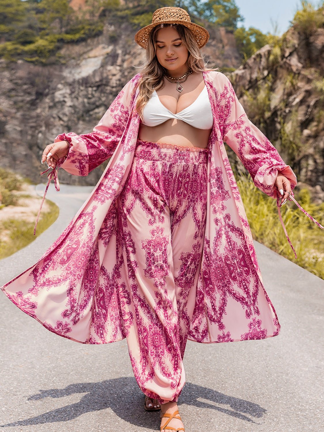 Plus Size Open Front Cardigan and Pants Set in Hot PinkPants SetBeach Rose Co.