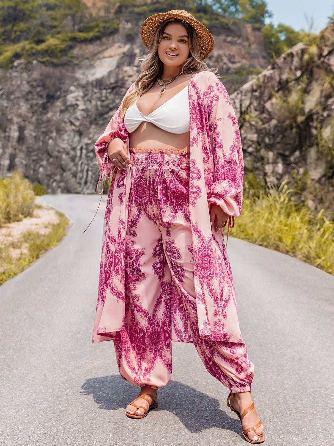 Plus Size Open Front Cardigan and Pants Set in Hot PinkPants SetBeach Rose Co.