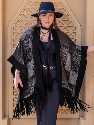 Plus Size Patchwork Fringe Open Front Poncho in BlackPonchoBeach Rose Co.