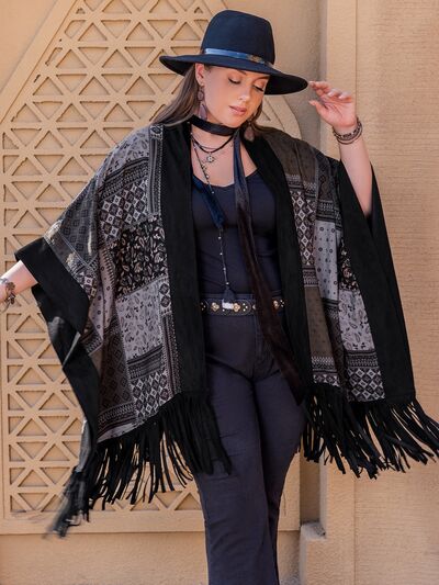 Plus Size Patchwork Fringe Open Front Poncho in BlackPonchoBeach Rose Co.