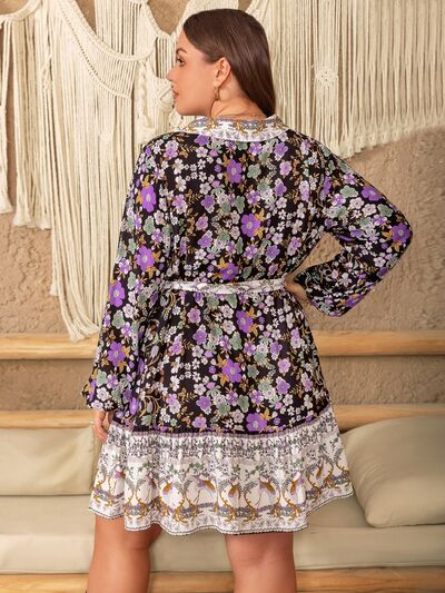 Plus Size Printed Balloon Sleeve Ruffle Hem Mini Dress in PurpleMini DressBeach Rose Co.