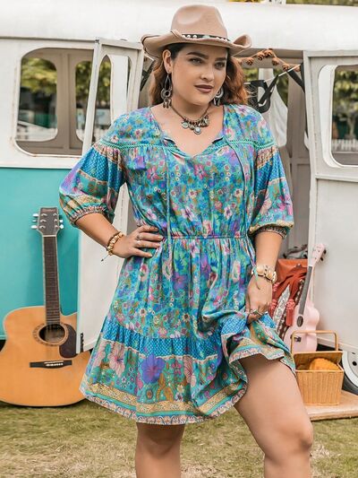 Plus Size Printed Tie Neck Mini Dress in Sky BlueMini DressBeach Rose Co.