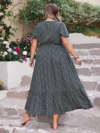 Plus Size Printed V-Neck Flutter Sleeve Midi Dress in BlackMidi DressBeach Rose Co.