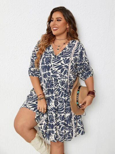 Plus Size Printed V-Neck Half Sleeve Mini Dress in Dusty BlueMini DressBeach Rose Co.