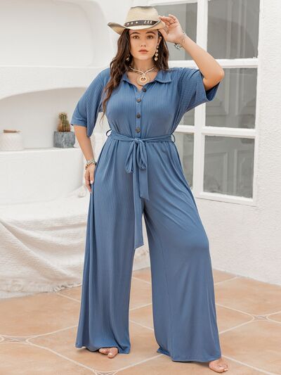 Plus Size Ribbed Half Button Tie-Waist Jumpsuit in Dusty BlueJumpsuitBeach Rose Co.