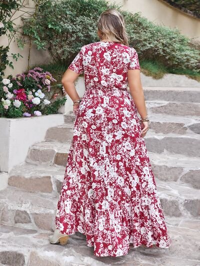 Plus Size Side Slit Printed V-Neck Maxi Dress in CeriseMaxi DressBeach Rose Co.