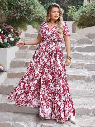 Plus Size Side Slit Printed V-Neck Maxi Dress in CeriseMaxi DressBeach Rose Co.