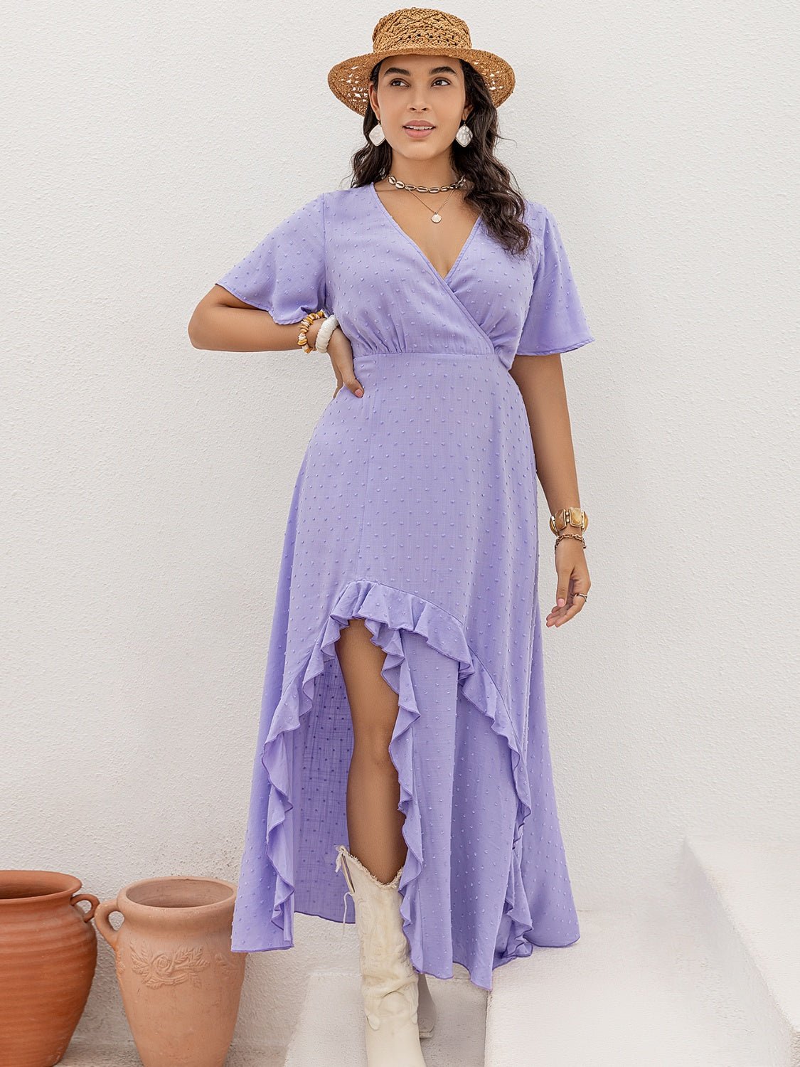 Plus Size Swiss Dot Surplice Midi Dress in LavenderMidi DressBeach Rose Co.
