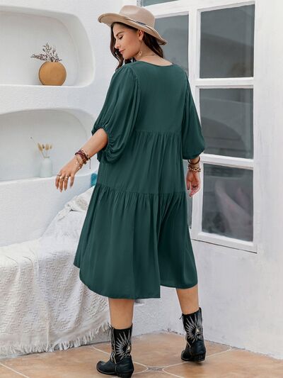 Plus Size Tie Neck Balloon Sleeve Midi Dress in GreenMidi DressBeach Rose Co.